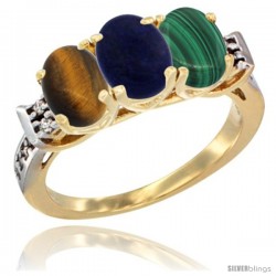 10K Yellow Gold Natural Tiger Eye, Lapis & Malachite Ring 3-Stone Oval 7x5 mm Diamond Accent