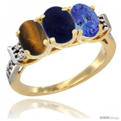 10K Yellow Gold Natural Tiger Eye, Lapis & Tanzanite Ring 3-Stone Oval 7x5 mm Diamond Accent