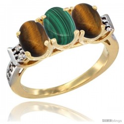 10K Yellow Gold Natural Malachite & Tiger Eye Sides Ring 3-Stone Oval 7x5 mm Diamond Accent