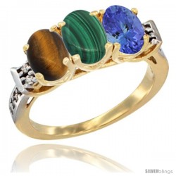 10K Yellow Gold Natural Tiger Eye, Malachite & Tanzanite Ring 3-Stone Oval 7x5 mm Diamond Accent