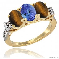 10K Yellow Gold Natural Tanzanite & Tiger Eye Sides Ring 3-Stone Oval 7x5 mm Diamond Accent