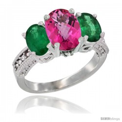 14K White Gold Ladies 3-Stone Oval Natural Pink Topaz Ring with Emerald Sides Diamond Accent