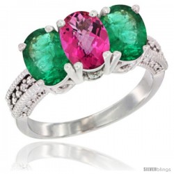 14K White Gold Natural Pink Topaz & Emerald Sides Ring 3-Stone 7x5 mm Oval Diamond Accent