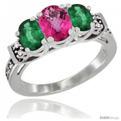 14K White Gold Natural Pink Topaz & Emerald Ring 3-Stone Oval with Diamond Accent