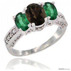 14k White Gold Ladies Oval Natural Smoky Topaz 3-Stone Ring with Emerald Sides Diamond Accent