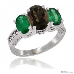 14K White Gold Ladies 3-Stone Oval Natural Smoky Topaz Ring with Emerald Sides Diamond Accent