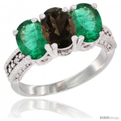 14K White Gold Natural Smoky Topaz & Emerald Sides Ring 3-Stone 7x5 mm Oval Diamond Accent