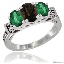 14K White Gold Natural Smoky Topaz & Emerald Ring 3-Stone Oval with Diamond Accent