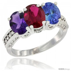 10K White Gold Natural Amethyst, Ruby & Tanzanite Ring 3-Stone Oval 7x5 mm Diamond Accent