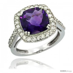 10k White Gold Diamond Halo Amethyst Ring Checkerboard Cushion 9 mm 2.4 ct 1/2 in wide