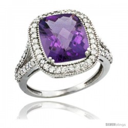 10k White Gold Diamond Halo Amethyst Ring Checkerboard Cushion 12x10 4.8 ct 3/4 in wide