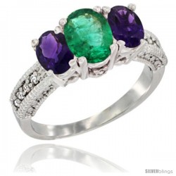 10K White Gold Ladies Oval Natural Emerald 3-Stone Ring with Amethyst Sides Diamond Accent