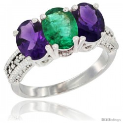 10K White Gold Natural Emerald & Amethyst Sides Ring 3-Stone Oval 7x5 mm Diamond Accent