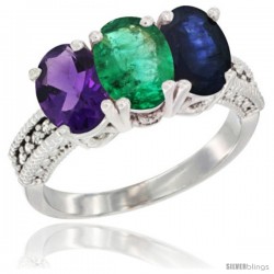 10K White Gold Natural Amethyst, Emerald & Blue Sapphire Ring 3-Stone Oval 7x5 mm Diamond Accent