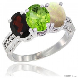 14K White Gold Natural Garnet, Peridot & Opal Ring 3-Stone 7x5 mm Oval Diamond Accent