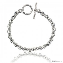 Sterling Silver Round & Oval Link Bracelet Toggle Clasp Handmade 1/4 in wide