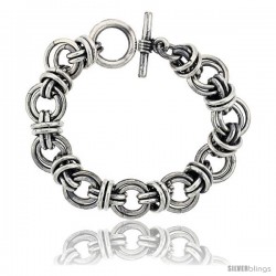 Sterling Silver Double Circles Doughnut Link Bracelet Toggle Clasp Handmade 3/4 in wide