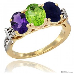 10K Yellow Gold Natural Amethyst, Peridot & Lapis Ring 3-Stone Oval 7x5 mm Diamond Accent