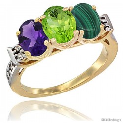 10K Yellow Gold Natural Amethyst, Peridot & Malachite Ring 3-Stone Oval 7x5 mm Diamond Accent