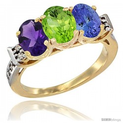 10K Yellow Gold Natural Amethyst, Peridot & Tanzanite Ring 3-Stone Oval 7x5 mm Diamond Accent