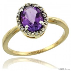 10k Yellow Gold Diamond Halo Amethyst Ring 1.2 ct Oval Stone 8x6 mm, 1/2 in wide