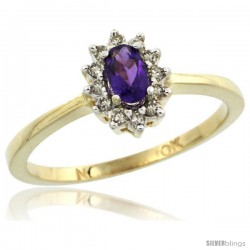 10k Yellow Gold Diamond Halo Amethyst Ring 0.25 ct Oval Stone 5x3 mm, 5/16 in wide