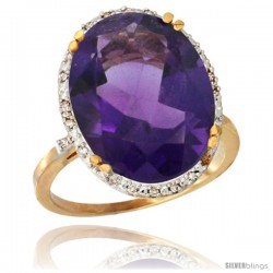 10k Yellow Gold Diamond Halo Large Amethyst Ring 10.3 ct Oval Stone 18x13 mm, 3/4 in wide