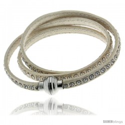 Surgical Steel Italian Leather Wrap Massai Bracelet Swarovski Crystal inlay w/ Super Magnet Clasp, Color White.