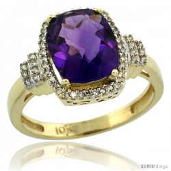 10k Yellow Gold Diamond Halo Amethyst Ring 2.4 ct Cushion Cut 9x7 mm, 1/2 in wide