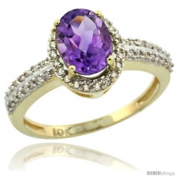 10k Yellow Gold Diamond Halo Amethyst Ring 1.2 ct Oval Stone 8x6 mm, 3/8 in wide