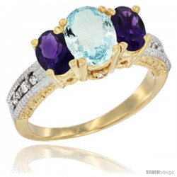 10K Yellow Gold Ladies Oval Natural Aquamariine 3-Stone Ring with Amethyst Sides Diamond Accent