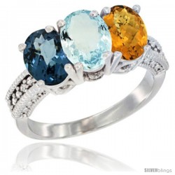 14K White Gold Natural London Blue Topaz, Aquamarine & Whisky Quartz Ring 3-Stone 7x5 mm Oval Diamond Accent