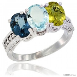 14K White Gold Natural London Blue Topaz, Aquamarine & Lemon Quartz Ring 3-Stone 7x5 mm Oval Diamond Accent