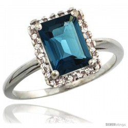 14k White Gold Diamond London Blue Topaz Ring 1.6 ct Emerald Shape 8x6 mm, 1/2 in wide