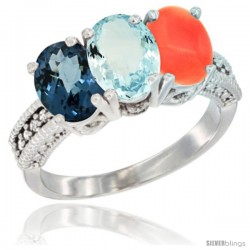 14K White Gold Natural London Blue Topaz, Aquamarine & Coral Ring 3-Stone 7x5 mm Oval Diamond Accent