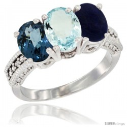 14K White Gold Natural London Blue Topaz, Aquamarine & Lapis Ring 3-Stone 7x5 mm Oval Diamond Accent