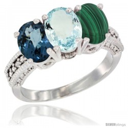 14K White Gold Natural London Blue Topaz, Aquamarine & Malachite Ring 3-Stone 7x5 mm Oval Diamond Accent