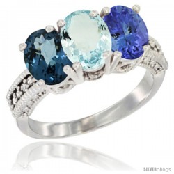 14K White Gold Natural London Blue Topaz, Aquamarine & Tanzanite Ring 3-Stone 7x5 mm Oval Diamond Accent