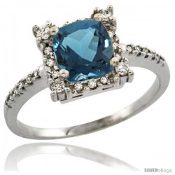 14k White Gold Diamond Halo London Blue Topaz Ring 1.2 ct Checkerboard Cut Cushion 6 mm, 11/32 in wide