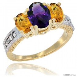 10K Yellow Gold Ladies Oval Natural Amethyst 3-Stone Ring with Whisky Quartz Sides Diamond Accent