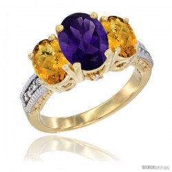 10K Yellow Gold Ladies 3-Stone Oval Natural Amethyst Ring with Whisky Quartz Sides Diamond Accent