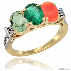 10K Yellow Gold Natural Green Amethyst, Emerald & Coral Ring 3-Stone Oval 7x5 mm Diamond Accent