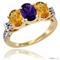 10K Yellow Gold Natural Amethyst & Whisky Quartz Sides Ring 3-Stone Oval 7x5 mm Diamond Accent