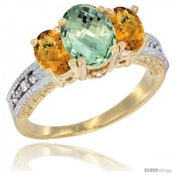 10K Yellow Gold Ladies Oval Natural Green Amethyst 3-Stone Ring with Whisky Quartz Sides Diamond Accent