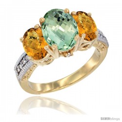 10K Yellow Gold Ladies 3-Stone Oval Natural Green Amethyst Ring with Whisky Quartz Sides Diamond Accent