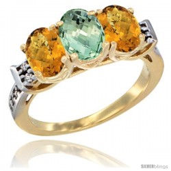 10K Yellow Gold Natural Green Amethyst & Whisky Quartz Sides Ring 3-Stone Oval 7x5 mm Diamond Accent