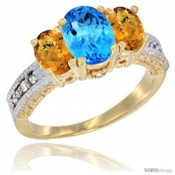 10K Yellow Gold Ladies Oval Natural Swiss Blue Topaz 3-Stone Ring with Whisky Quartz Sides Diamond Accent