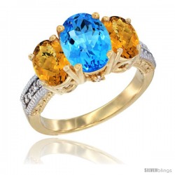 10K Yellow Gold Ladies 3-Stone Oval Natural Swiss Blue Topaz Ring with Whisky Quartz Sides Diamond Accent