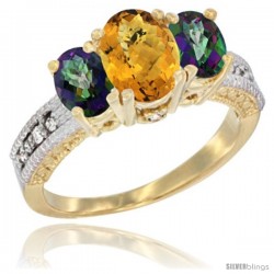 14k Yellow Gold Ladies Oval Natural Whisky Quartz 3-Stone Ring with Mystic Topaz Sides Diamond Accent