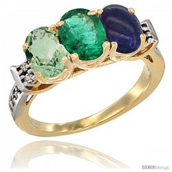 10K Yellow Gold Natural Green Amethyst, Emerald & Lapis Ring 3-Stone Oval 7x5 mm Diamond Accent